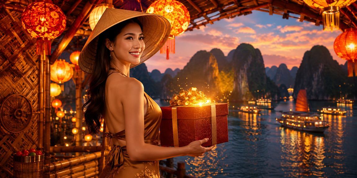 Người dùng đội nón lá tại Vịnh Hạ Long truy cập nền tảng casino và quản lý tài khoản trên điện thoại