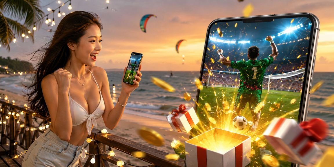 Người dùng tại bãi biển Mũi Né dùng điện thoại trải nghiệm ứng dụng casino trực tuyến